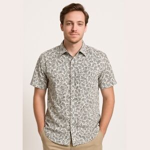Lucky Brand Shirt Men MED Green Off-White Button-Up Linen Blend Botanical Print